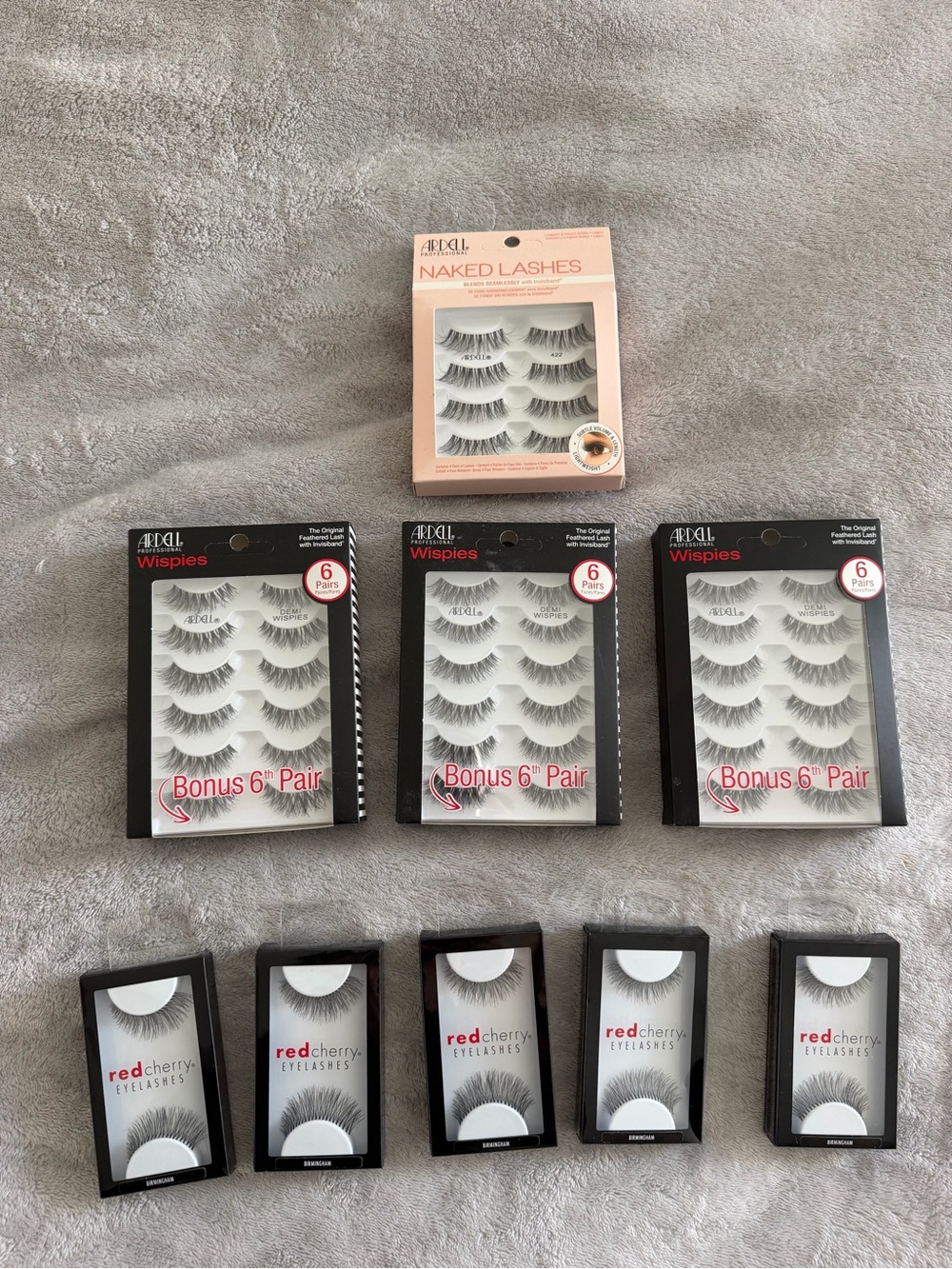 Red Cherry + Ardell false lashes (422, demi wispies, & birmingham)